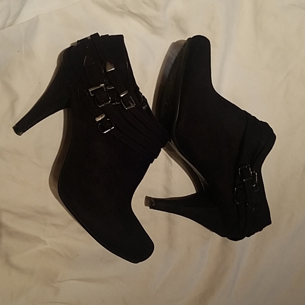 Black suede ankle boots with a 3.5 inch heel